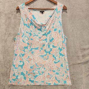 Talbots Blue Paisley Cowlneck Sleeveless Blouse Size Large Beach Coastal Flowy